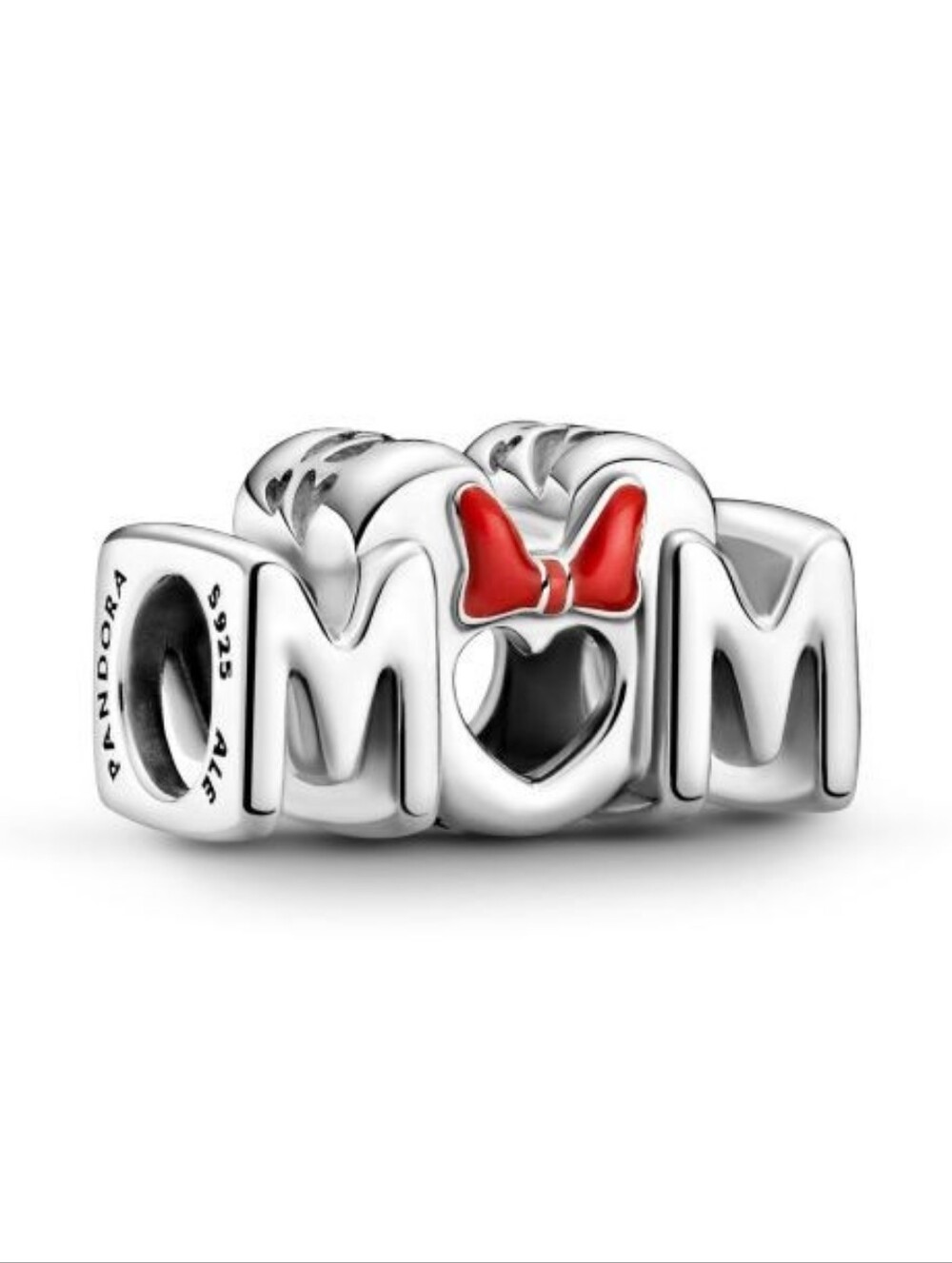 Pandora Silver MOM Charm with Red Bow Accent